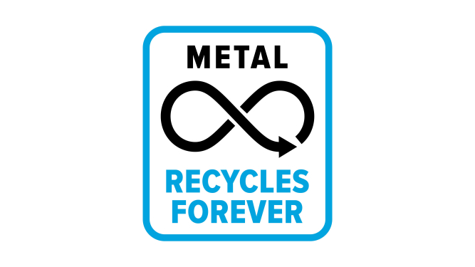 Icon für Kreislaufwirtschaft von Metallverpackungen in Blau und Schwarz mit Aufschrift „Metal recycles forever“.